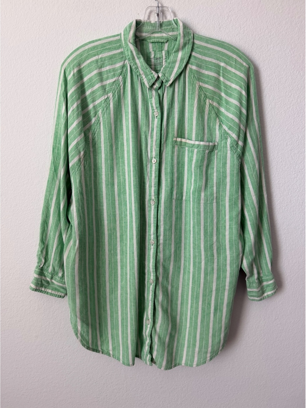 AERIE Green/White Striped Raglan Long Sleeve Oversized Button Up Shirt Size S